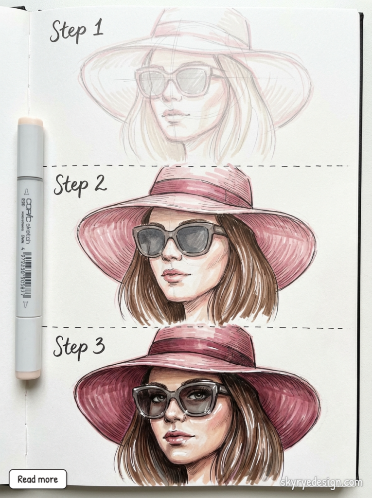 Step-by-step portrait drawing progression in sketchbook: woman wearing pink wide-brim hat and sunglasses, staged marker coloring steps.