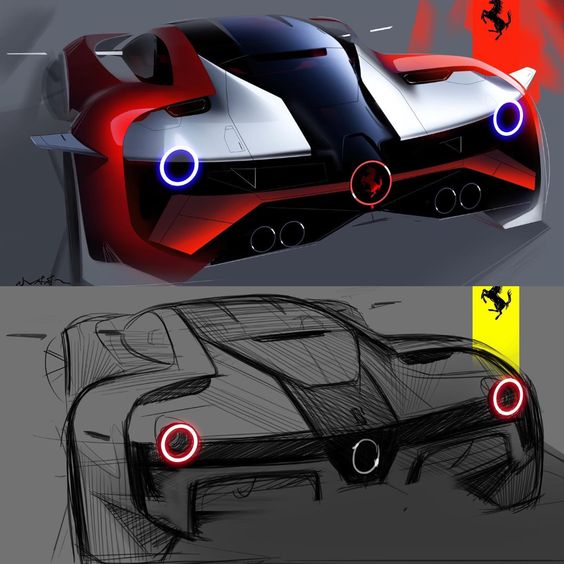 Concept sketches of a futuristic sports car with sleek design and vibrant tail lights, showcasing high performance.