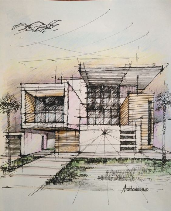 Architectural sketch of a modern two-story house with large windows, clean lines, and outdoor landscape elements, including palm trees.