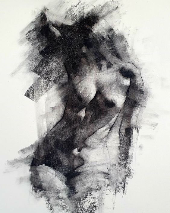Abstract charcoal drawing of a nude figure, showcasing fluidity and dynamic brush strokes on a textured white background.