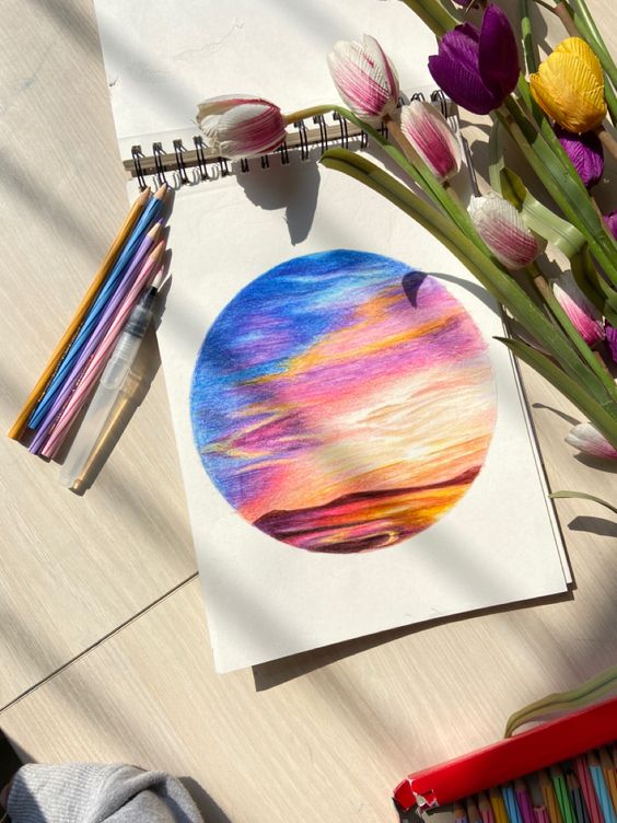 Colorful sunset drawing in a sketchbook surrounded by pencils and flowers, creating a vibrant artistic mood.