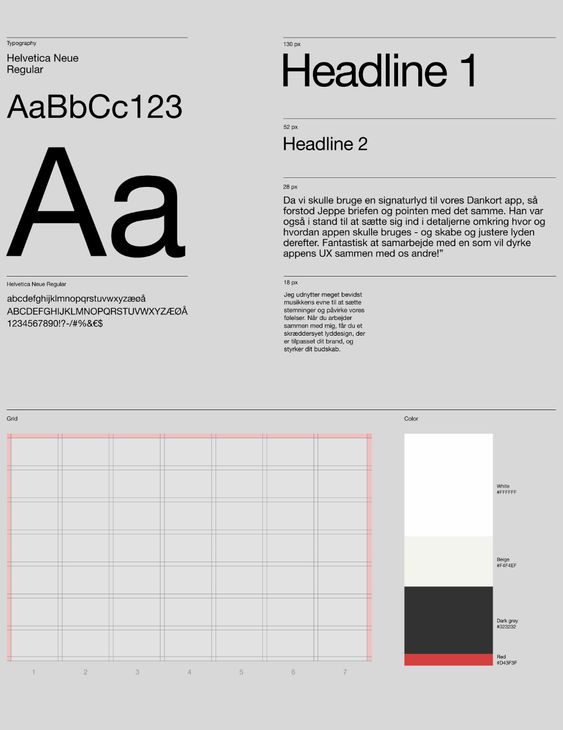 Design template presenting Helvetica Neue typeface, showing different font sizes and styles, color palette, and grid layout.