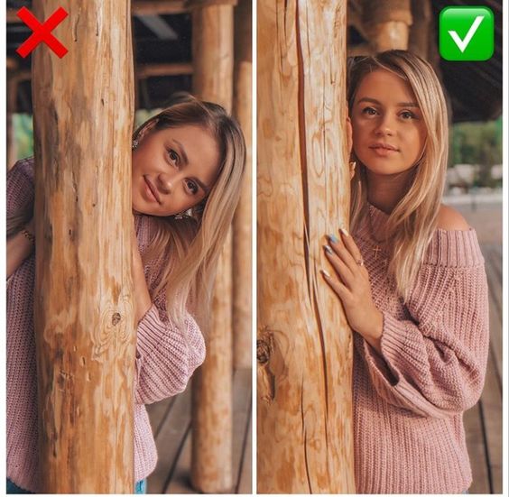 Two images compare posing techniques: incorrect (left) and correct (right) for a young woman behind a wooden pole.