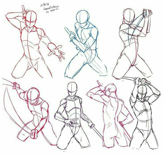 Dynamic sketch of six action poses with swords, showcasing various martial arts stances by faceless characters.