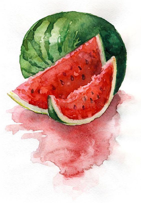 Watercolor painting of a whole watermelon with two juicy slices, displaying vibrant red flesh and green rind.