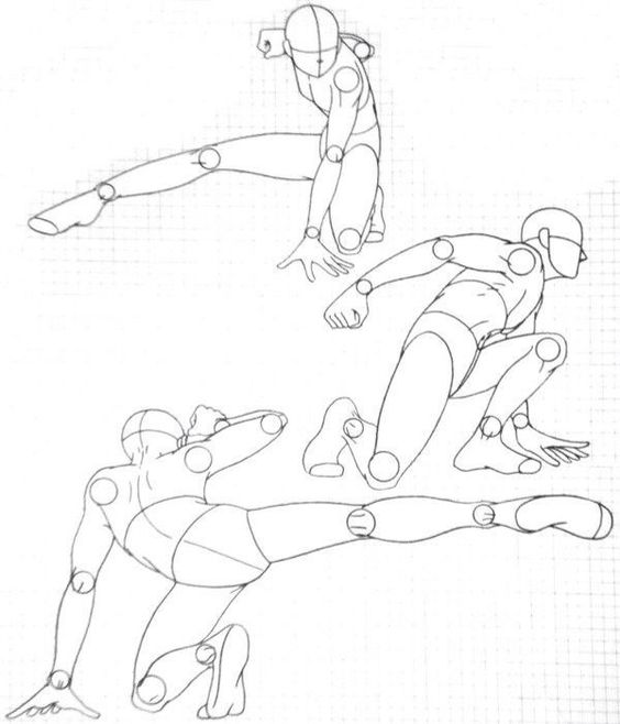 Three dynamic action poses of sketch figures in motion captured from various angles, showcasing movement and physicality.