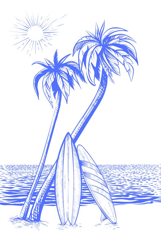 Illustration of two surfboards leaning on palm trees at a beach with ocean waves and a shining sun in the background.
