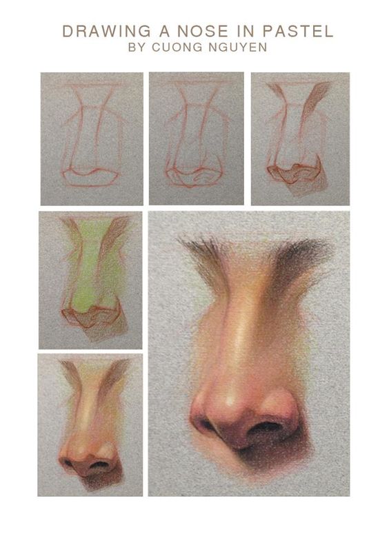 Step-by-step guide to drawing a nose in pastel by Cuong Nguyen, showing the nose illustration's progressive stages.