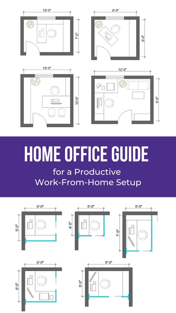 Diagram showcasing various home office layouts with dimensions. Home Office Guide for a Productive Work-From-Home Setup.