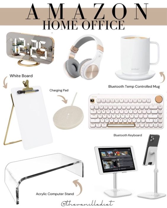 Amazon home office essentials: whiteboard, headphones, temp-controlled mug, keyboard, charging pad, acrylic stand, tablet, phone stand.