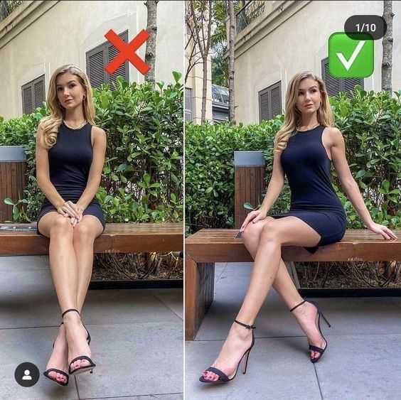 Woman in a black dress demonstrating correct and incorrect sitting posture on a bench with a green check and red X.