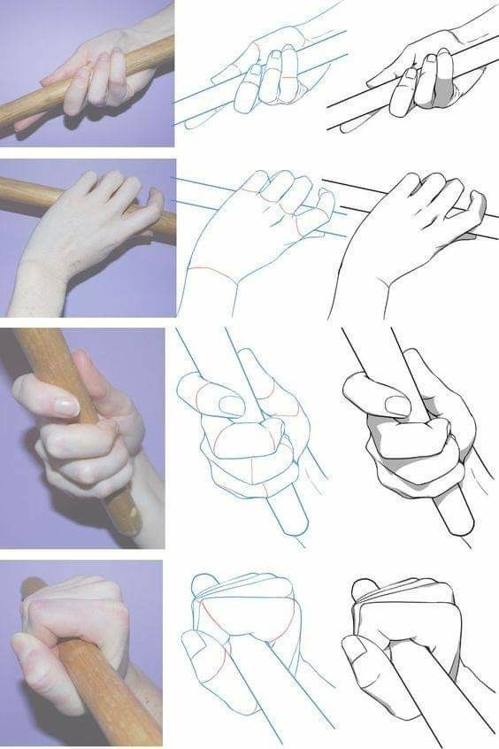 Step-by-step drawing guide of hands gripping a wooden stick in various positions, showcasing realistic hand sketches and outlines.