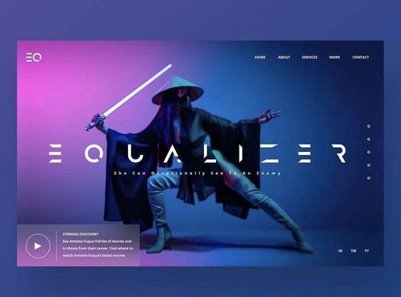 Website homepage with a futuristic warrior wielding a glowing sword for the 'Equalizer' series.