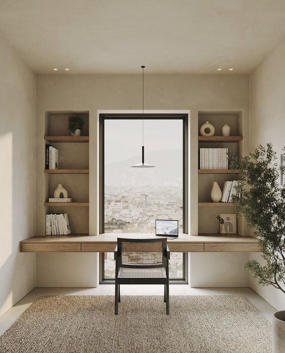 Minimalist home office with wooden desk, laptop, built-in shelves, large window view, and natural light. Modern workspace design.