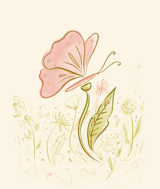 Whimsical illustration of a pink butterfly on a green stem surrounded by delicate flowers on a beige background.