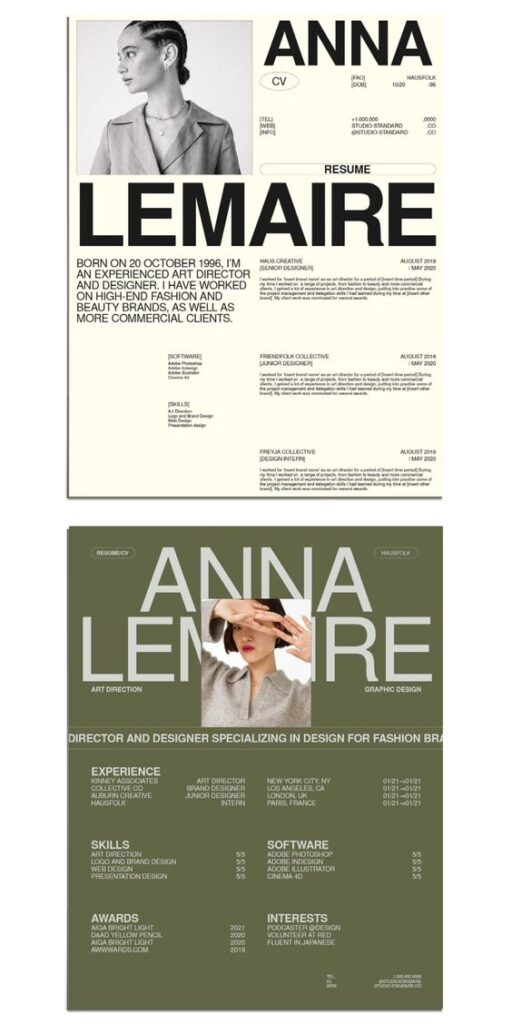 Creative resume of Anna Lemaire showcasing art direction and graphic design experience, skills, software proficiency, and awards.