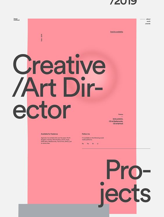 Modern poster for a Creative Art Director, featuring a minimalist design in pink and black with contact details and social media.