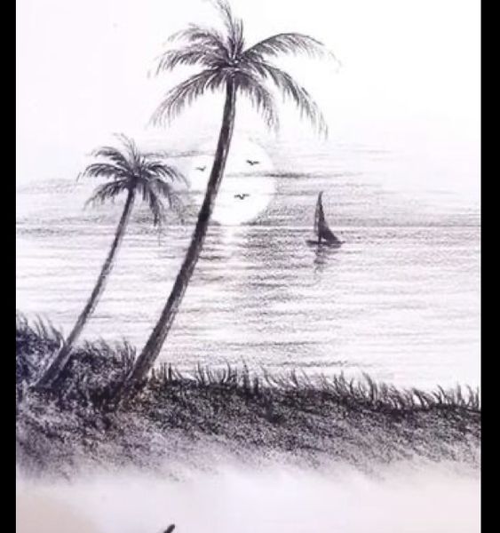 Black and white sketch of a serene beach scene with palm trees, setting sun, and a sailboat on the calm sea.