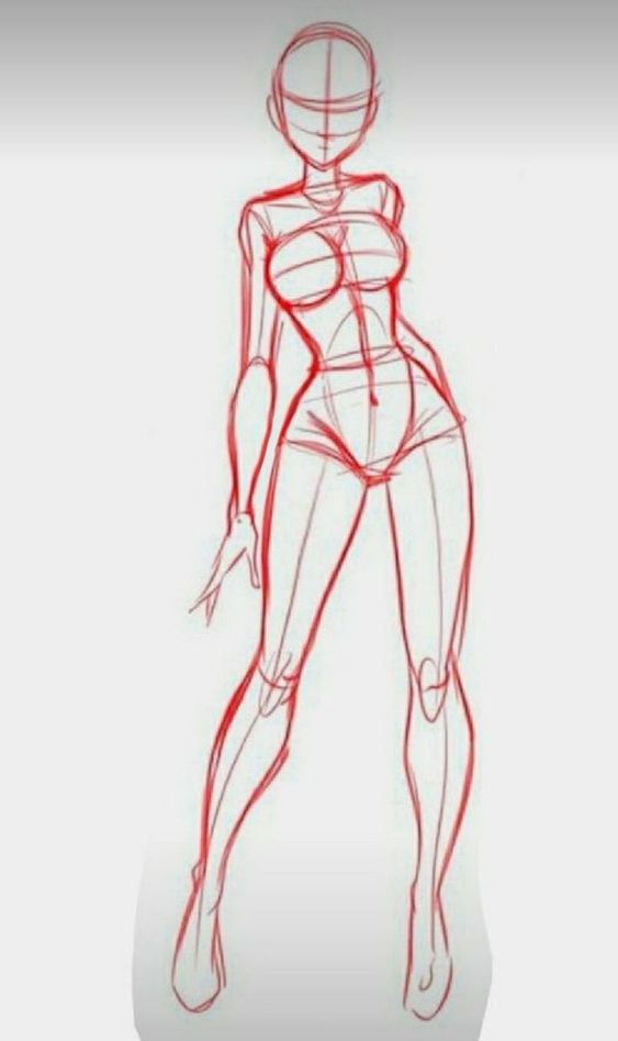 Sketch of a female figure in red lines, showing proportions and anatomy for drawing practice, with emphasis on form.