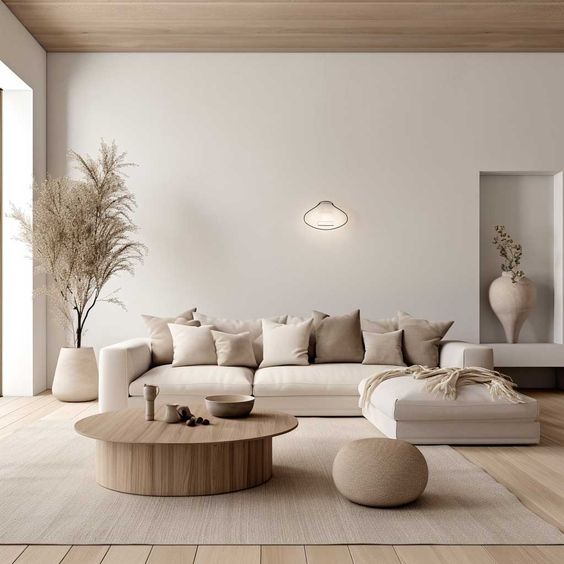 Modern minimalist living room with neutral tones, white sofa, wooden table, and decorative accents. Cozy, serene interior design.