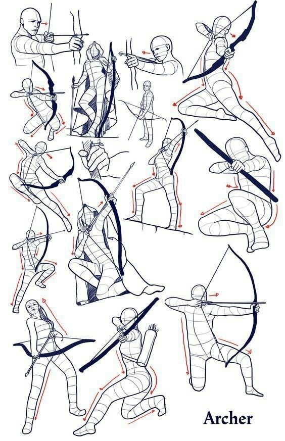 Illustration of archers in various poses and stances, demonstrating techniques and movements with bows and arrows.