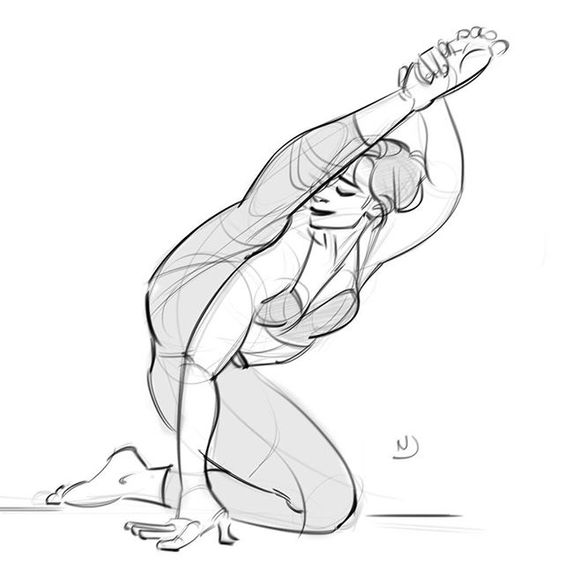 Cartoon woman in a yoga pose, stretching upward on one knee with arm extended and eyes closed. Black and white sketch.