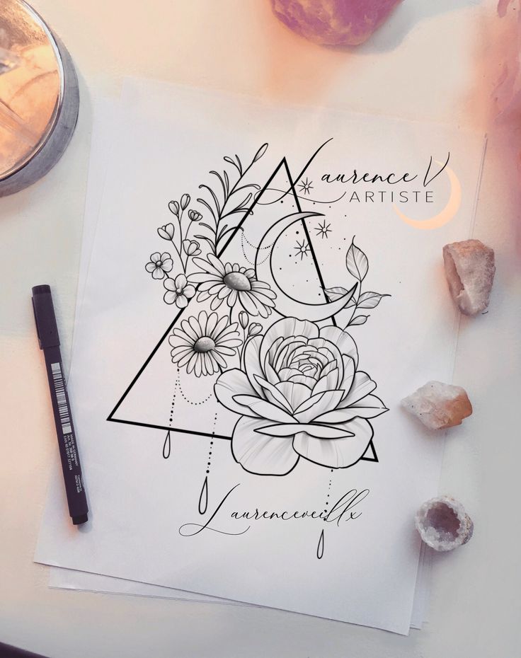 Black and white floral illustration with a crescent moon, triangle shape, and Laurence V Artiste signature on a white paper.