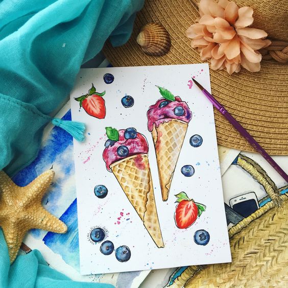Watercolor of ice cream cones with berries and green leaves on a summer-themed background with a hat and beach items.