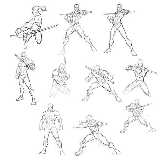 Dynamic ninja character sketch poses with various sword postures, capturing action and movement in pencil drawings.