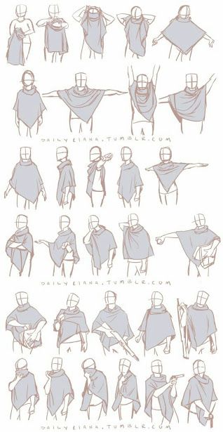 Illustrated guide showing different methods of wearing and arranging a poncho. Sketched human figures demonstrate each style.