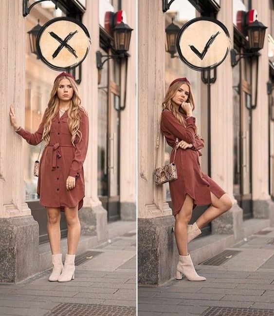 Woman in a brown dress posing with X and improved pose with ✓. Fashion styling tips, bad vs. good posture.