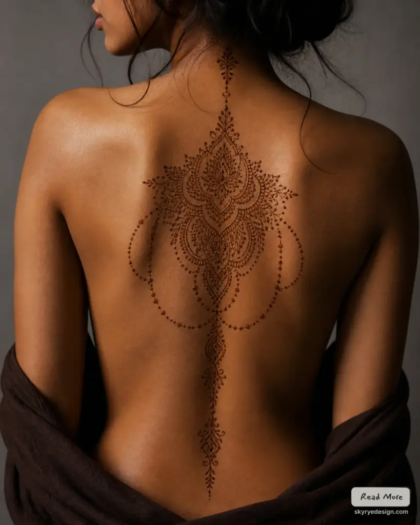 Intricate henna back tattoo along the spine, mandala-inspired mehndi with delicate dots and lace-like patterns