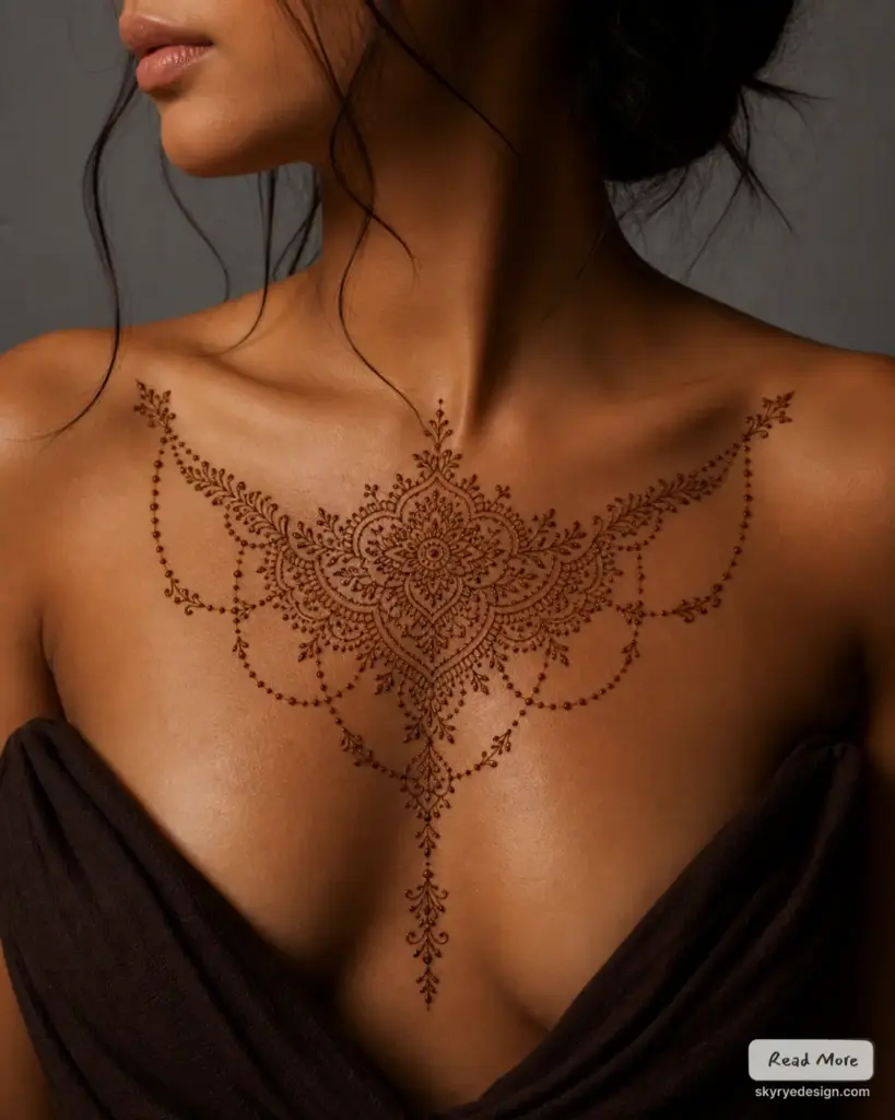 Close-up of woman's décolletage showcasing an intricate henna mandala chest tattoo and draped dark fabric.