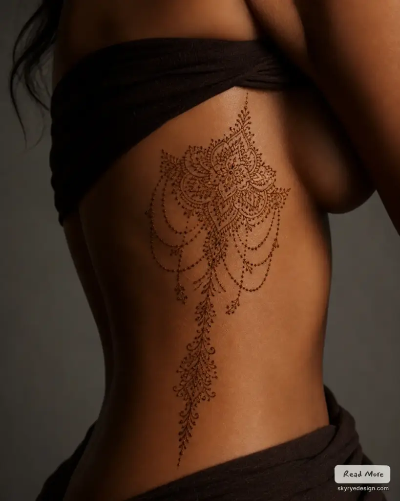 Intricate henna mandala and lace-like chains tattoo along ribcage on toned torso, elegant floral body art design