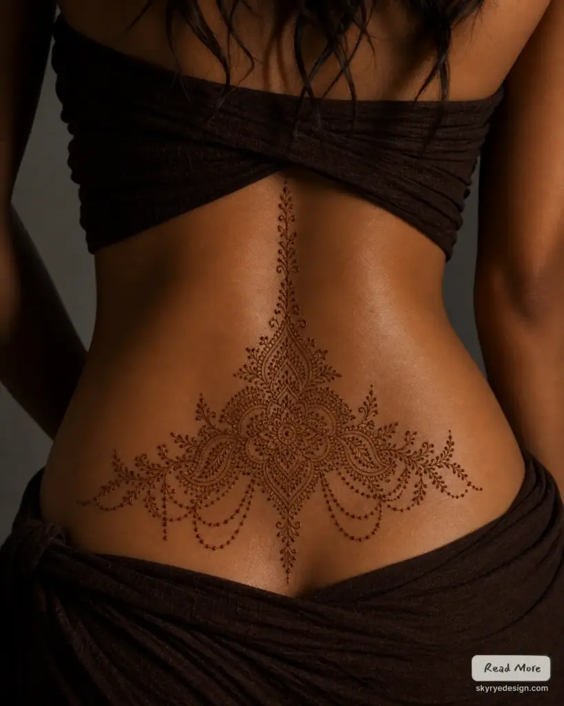 Intricate henna mehndi lower-back design on tanned skin, ornamental mandala and draped cloth for boho back-tattoo inspiration