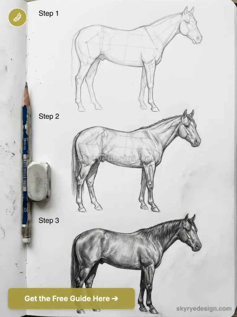 Step-by-step pencil horse drawing tutorial: construction shapes to final detailed shaded horse sketch with pencil and eraser.