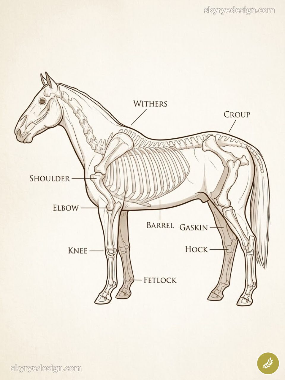 Labeled horse anatomy diagram showing withers, croup, shoulder, elbow, barrel, gaskin, knee, hock, fetlock.