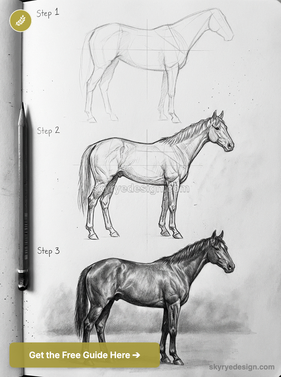 Pencil horse drawing tutorial: step-by-step stages from basic outline to realistic shaded sketch