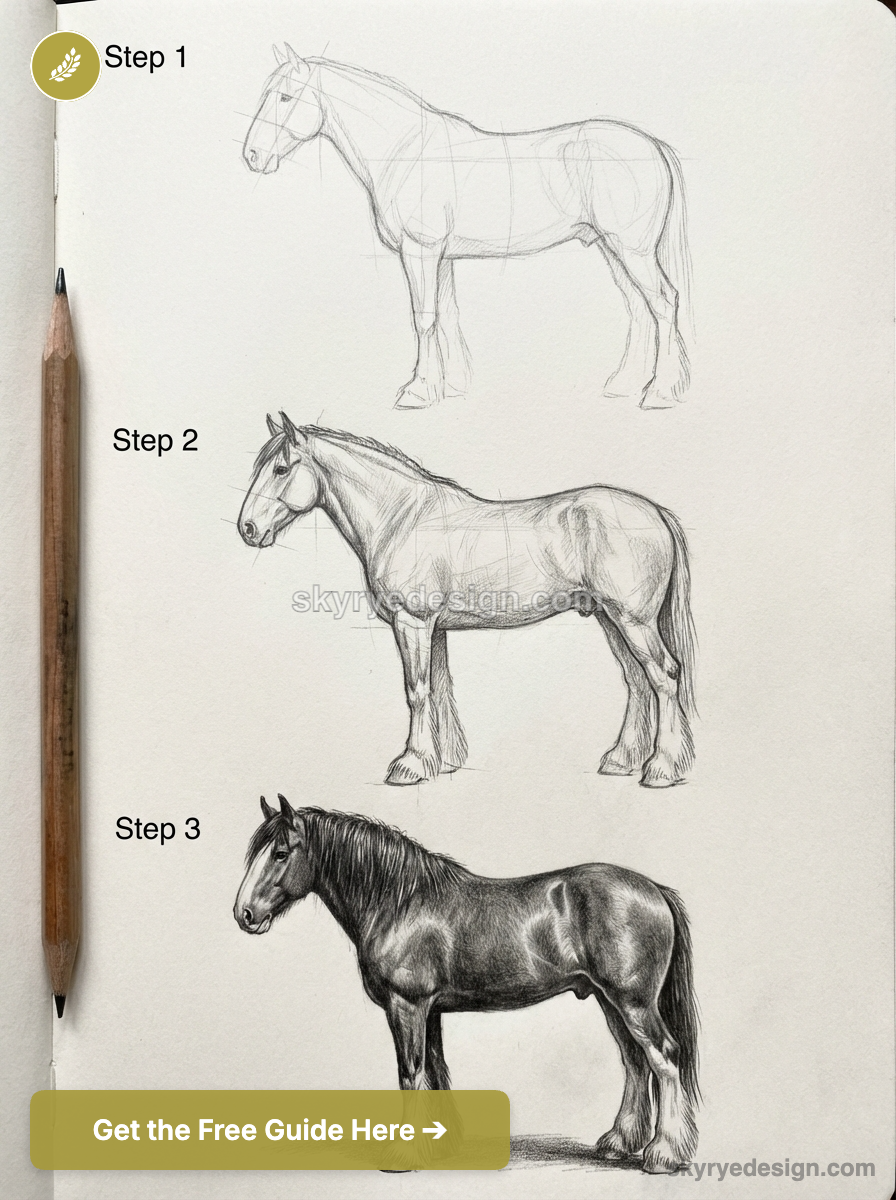 Step-by-step pencil horse drawing tutorial: three stages from sketch to detailed shading on a sketchbook page with pencil