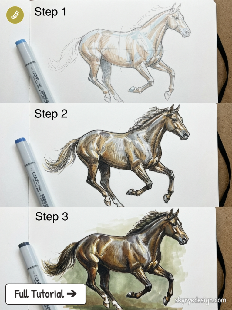 Horse drawing tutorial: step-by-step Copic marker sketch to detailed, shaded galloping horse illustration
