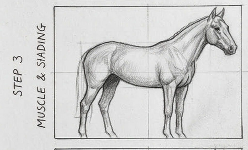 Horse drawing tutorial, pencil sketch: muscle structure & shading step with grid guides.