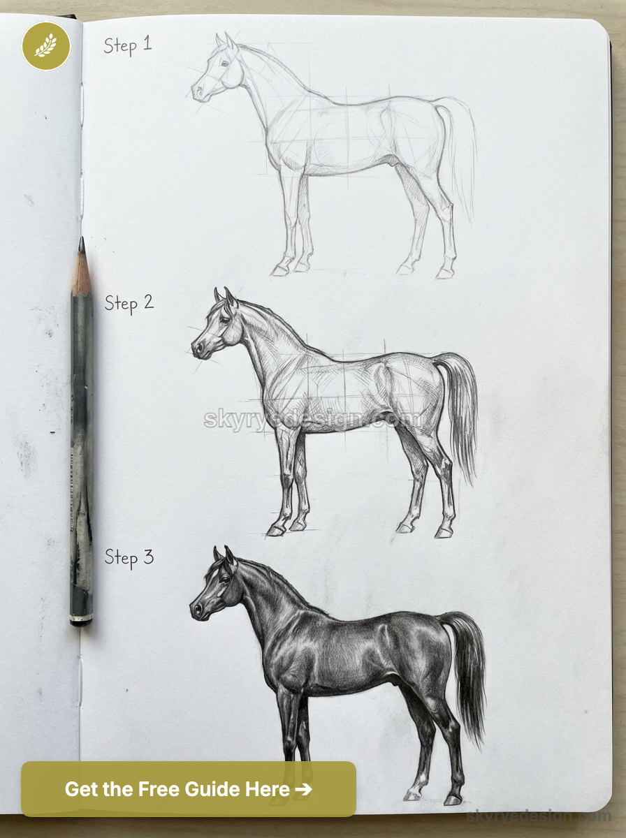 Pencil horse drawing tutorial in sketchbook showing Step 1, Step 2, Step 3 from outline to detailed shaded horse.