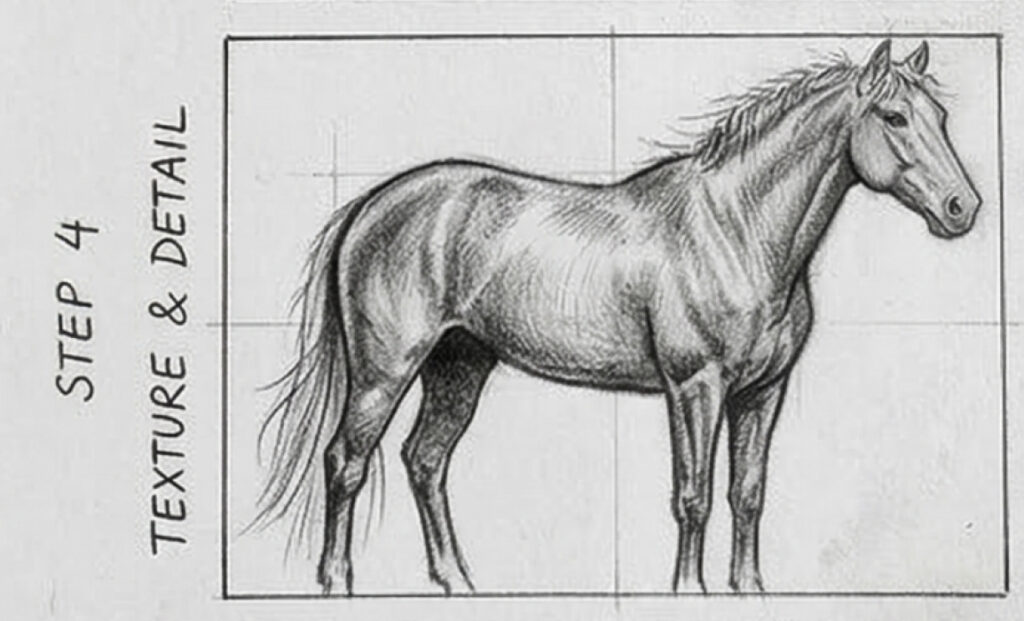 Horse pencil drawing tutorial: detailed textured profile sketch in grid, step 4 texture & detail