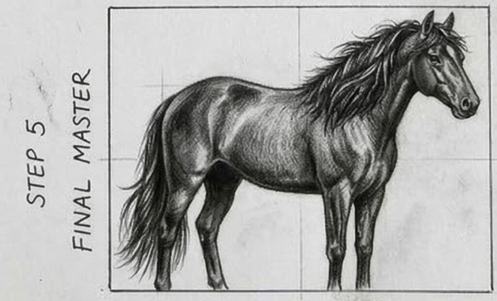 Pencil horse drawing final step: detailed standing horse with flowing mane labeled Step 5 Final Master.