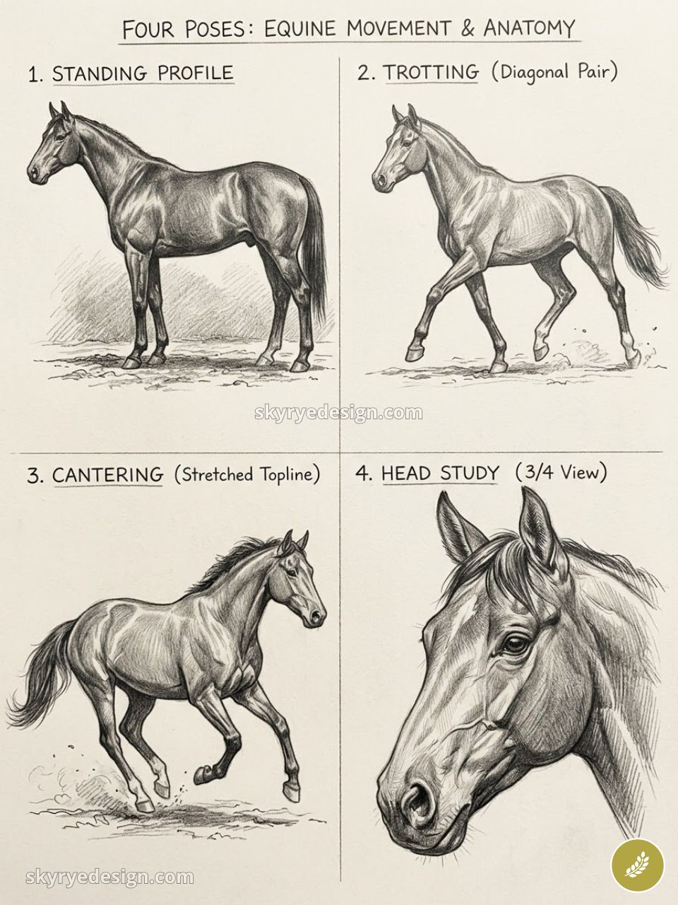 Equine anatomy pencil sketches: horse in four poses — standing, trotting, cantering, and 3/4 head study.