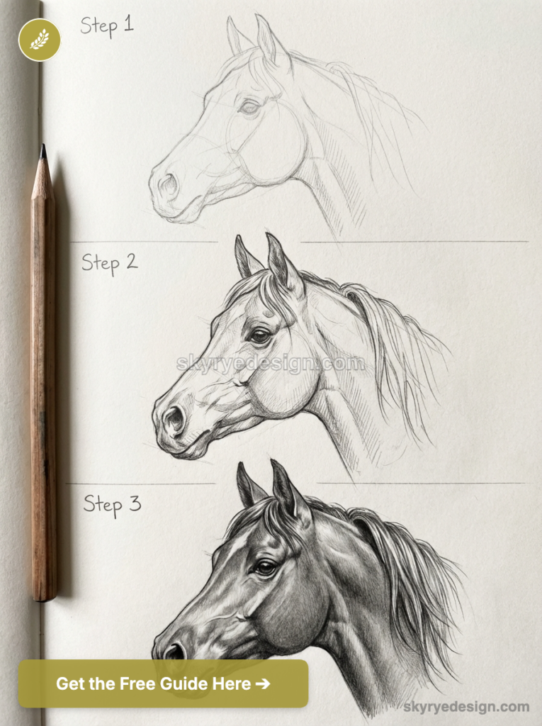 Three-step pencil tutorial: horse head drawing progression from rough sketch to realistic shading, pencil shown.