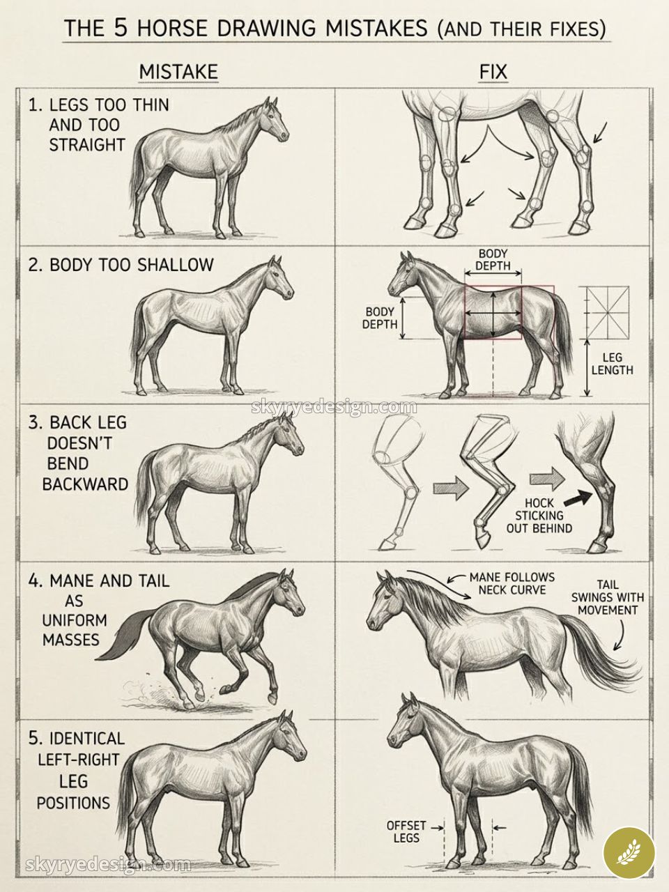 Infographic: 5 common horse drawing mistakes and fixes with annotated sketches for legs, body depth, bend, mane/tail, stance.
