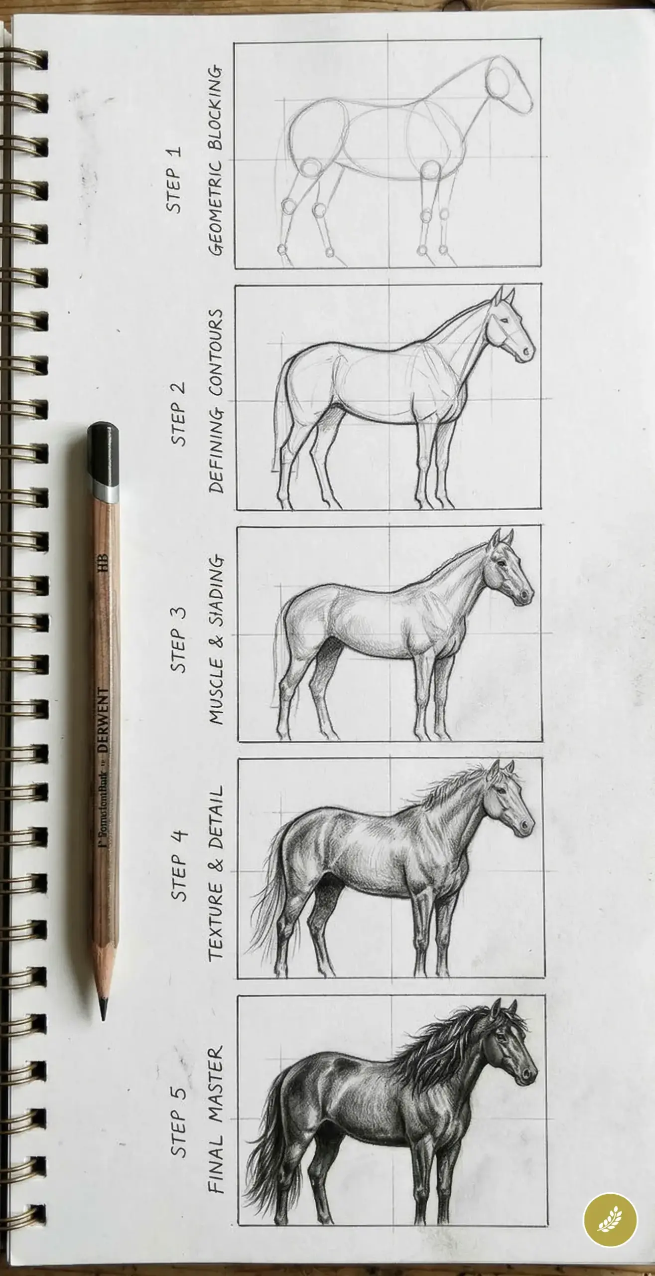 Pencil horse drawing tutorial in five steps: geometric blocking, contour, muscle shading, texture, and final master sketch