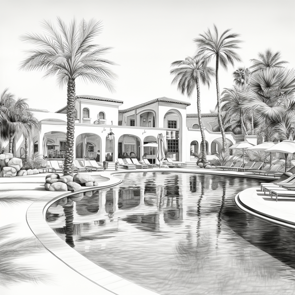 Luxury villa with palm trees and sun loungers by a serene pool, perfect for a vacation retreat. Detailed black and white sketch.