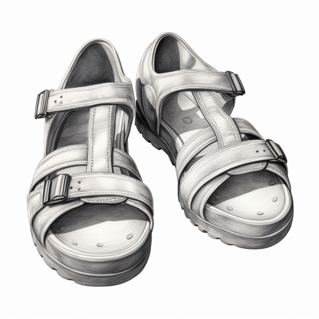 Black and white illustration of comfortable sandals with adjustable straps and buckles, ideal for casual wear.